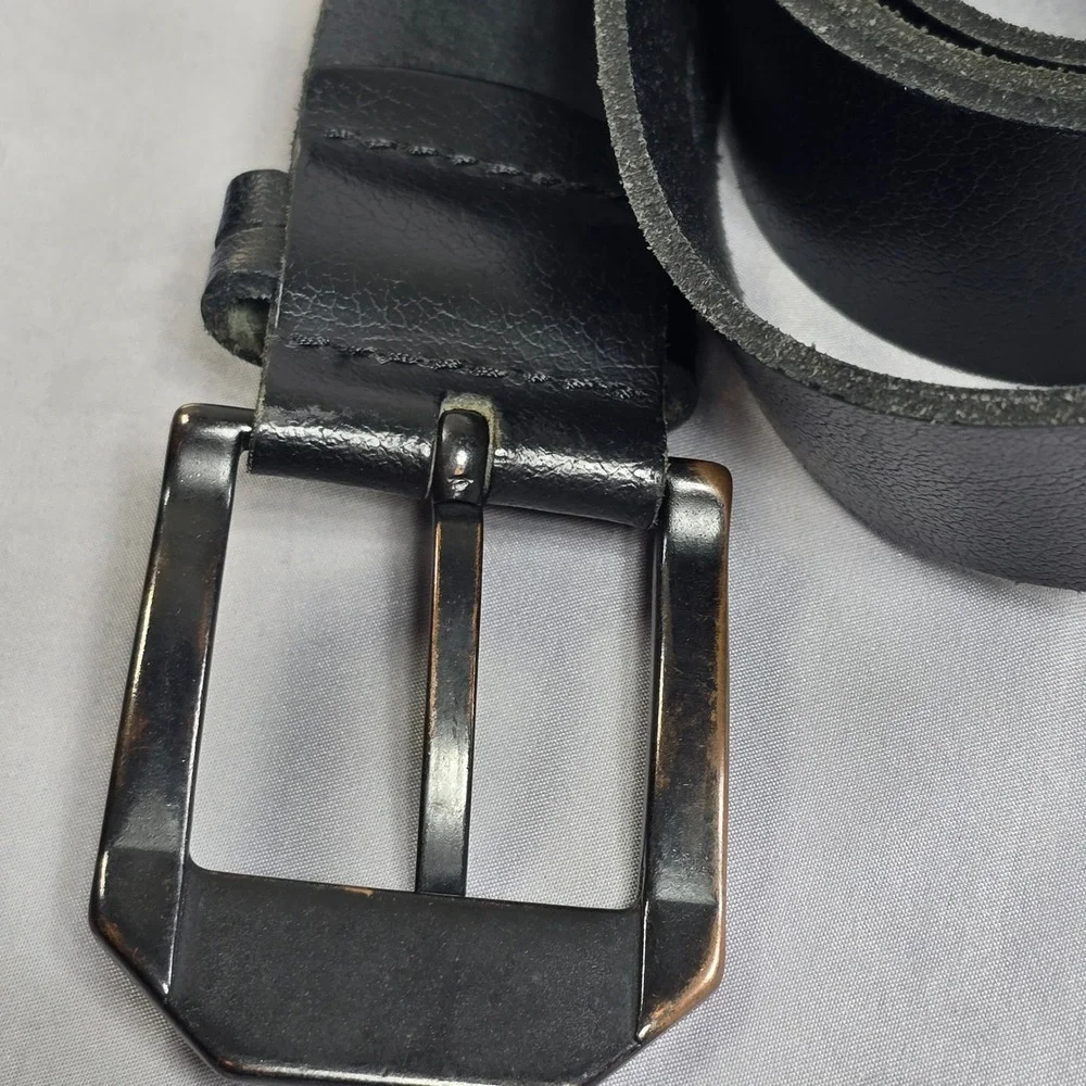 Mavi Jeans Co Mens‎ Black Belt Bronze Geometric Buckle Branded Plate 42.5in